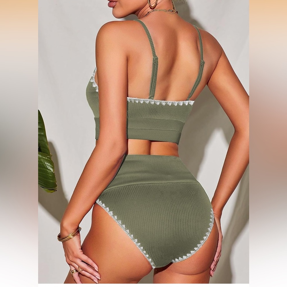 Olive Ribbed High-Waist Bikini Set with Lace Trim - Picture 2 of 9